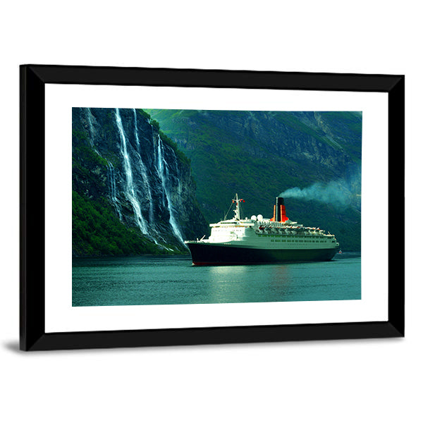 Queen Elizabeth II Cruise Ship Sailing In The Ocean Canvas Wall Art in black, green and blue, framed print, product view on a white background
