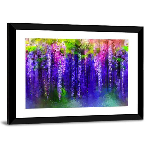 Wisteria Purple Flowers In Spring Canvas Wall Art in green, purple and pink, framed print, product view on a white background