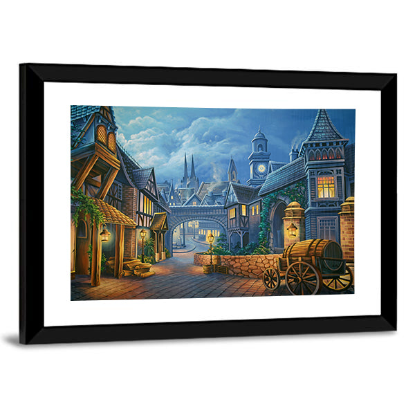 Twilight Medieval Village Through Stone Archway Canvas Wall Art