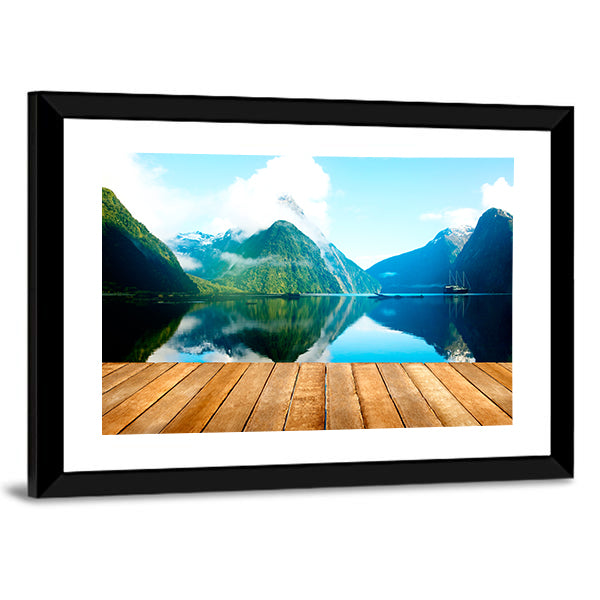 Wooden Pier and Mountain Lake Canvas Wall Art