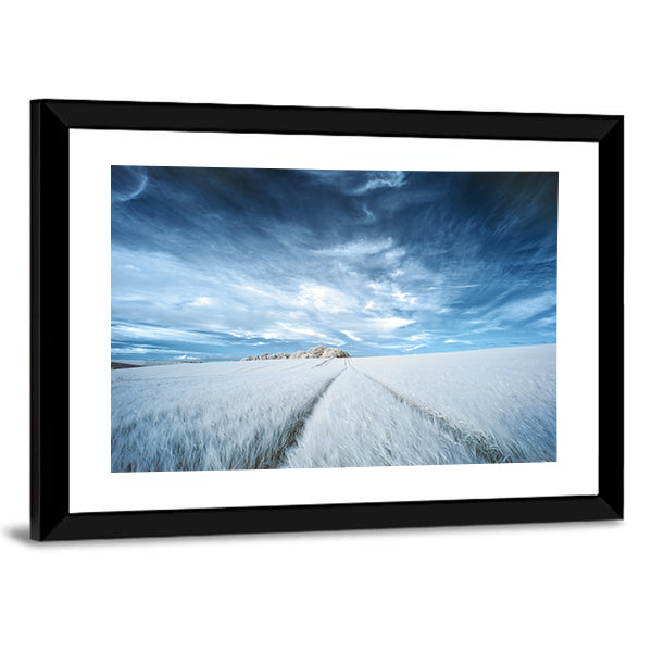 White Field with Parallel Tire Tracks Canvas Wall Art