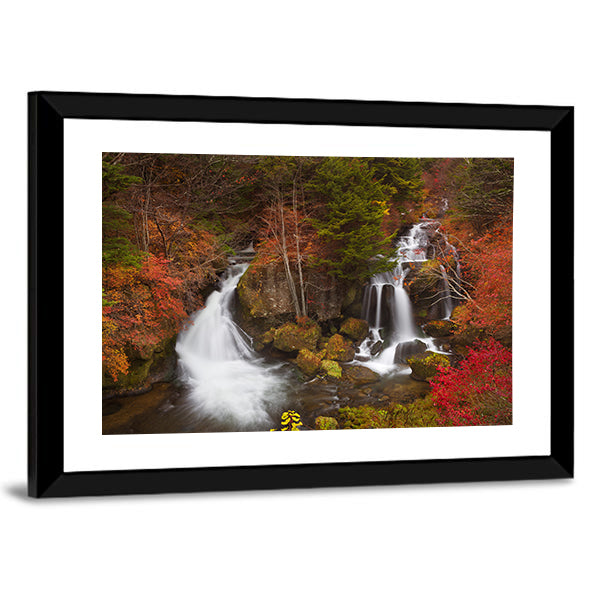 Ryuzu Falls Near Nikko Japan Canvas Wall Art in white, brown and green, framed print, product view on a white background