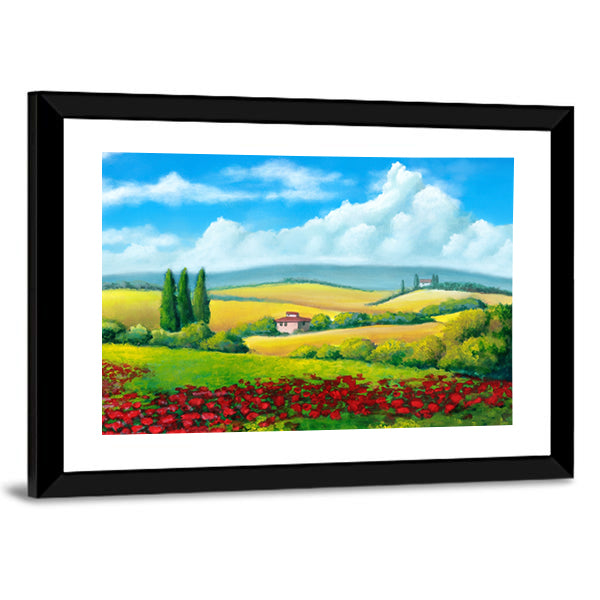 Tuscan Poppy Field with Cypress Trees Canvas Wall Art