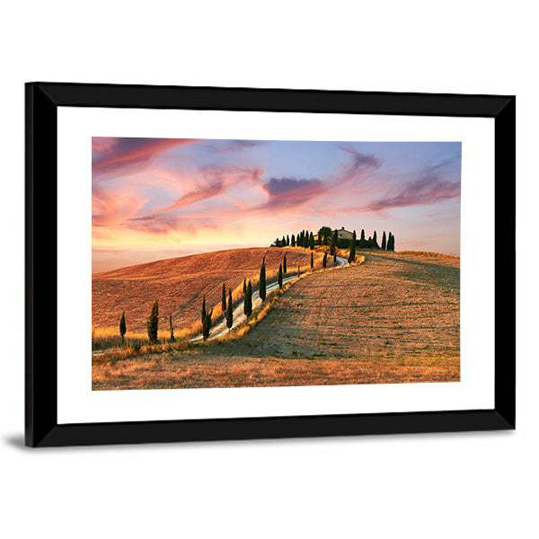 Hilltop Villa with Cypress Road at Sunset Canvas Wall Art