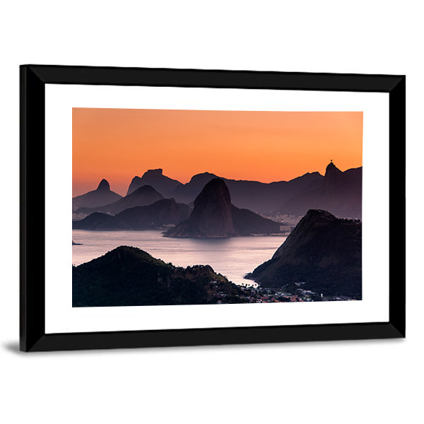 Scenic Rio de Janeiro Mountain Canvas Wall Art in black, orange and purple, framed print, product view on a white background