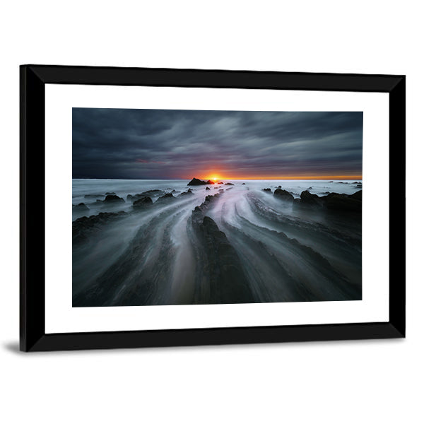 Flysch Rocks In Barrika Beach At The Sunset Canvas Wall Art