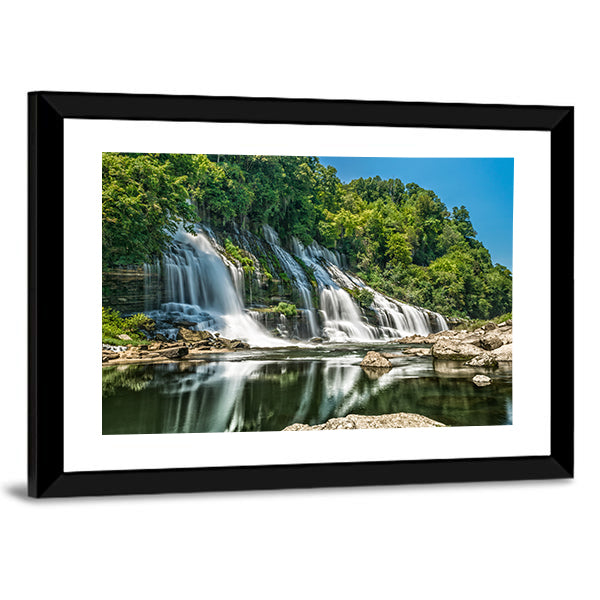 Twin Falls in Tennessee Canvas Wall Art in white, green and blue, framed print, product view on a white background