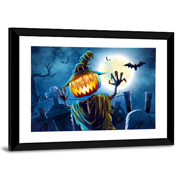 Pumpkin-headed Monster in Graveyard Canvas Wall Art
