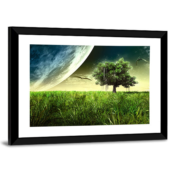 Green Meadow with Pterodactyls Canvas Wall Art