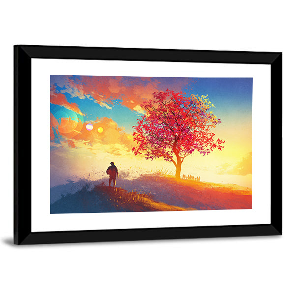 Man Standing Alone In Autumn Mountains Canvas Wall Art