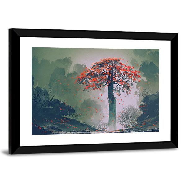 Misty Red Tree in Autumn Forest Canvas Wall Art