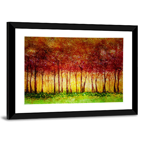 Forest In Fall Canvas Wall Art in red, orange and yellow, framed print, product view on a white background