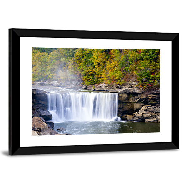 Cumberland Falls In Kentucky Canvas Wall Art in white, yellow and green, framed print, product view on a white background