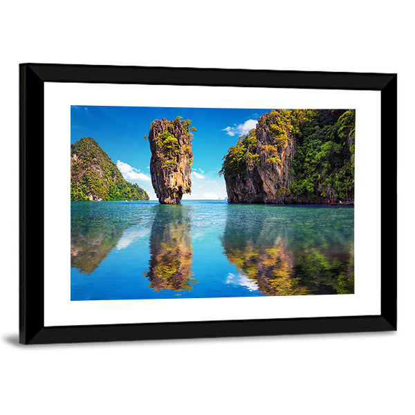 James Bond Island Reflection In Phuket Canvas Wall Art in green and blue, framed print, product view on a white background