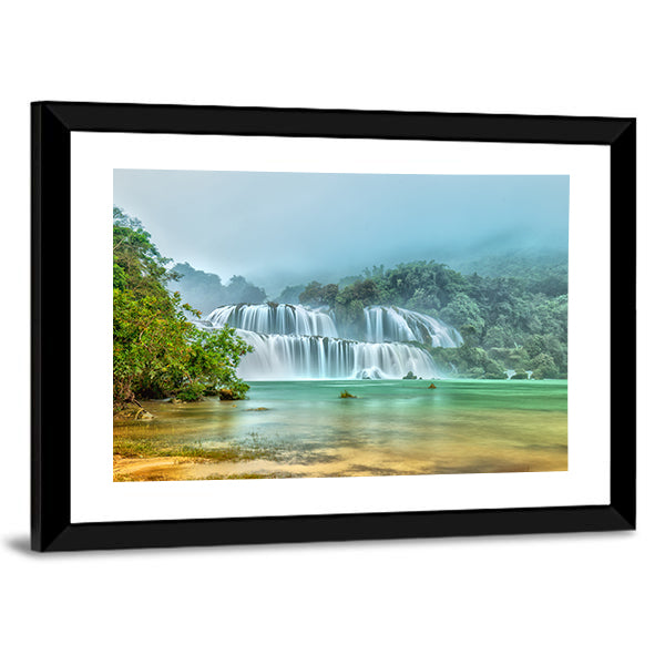 Ban Gioc Waterfall In Vietnam Canvas Wall Art in white, green and blue, framed print, product view on a white background