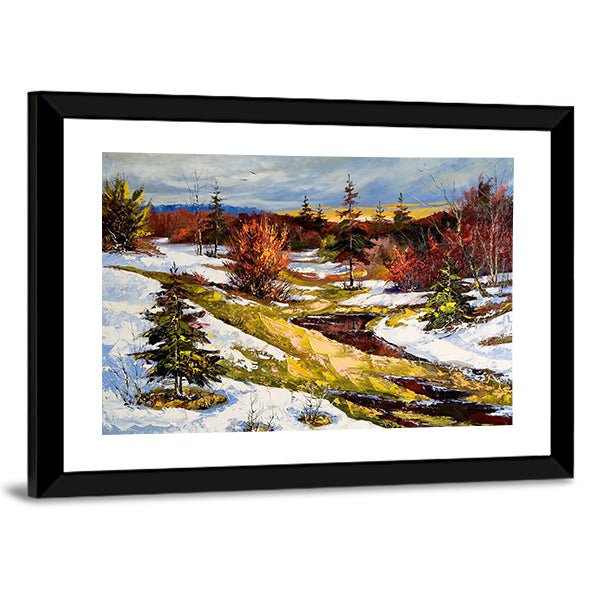 Snowy Stream at Sunset Canvas Wall Art