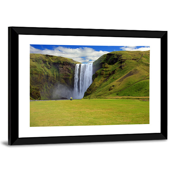 Skogarfoss Waterfall In South East Iceland Canvas Wall Art in white, green and blue, framed print, product view on a white background