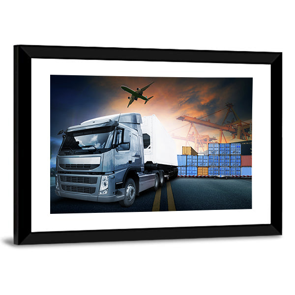 Industrial Shipping Hub at Dusk Canvas Wall Art in gray, orange and blue, framed print, product view on a white background
