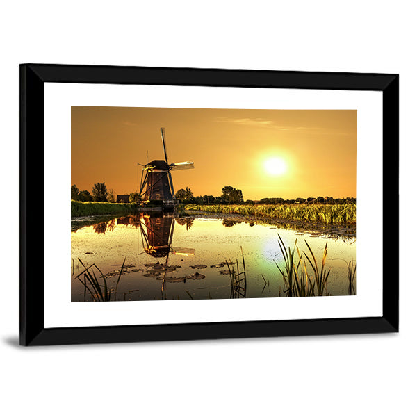 Kinderdijk Windmill at Golden Sunrise Canvas Wall Art