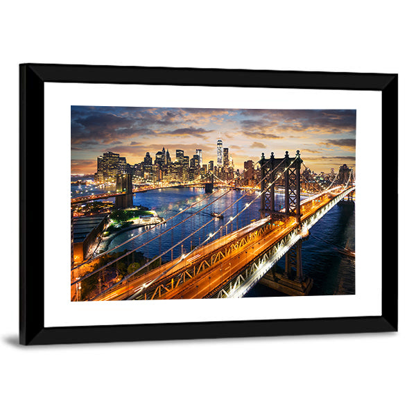 Manhattan Bridge and Skyline at Dusk Canvas Wall Art in orange, yellow and blue, framed print, product view on a white background