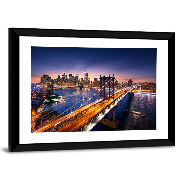 Dusk Over Manhattan Bridge Canvas Wall Art in orange, blue and purple, framed print, product view on a white background