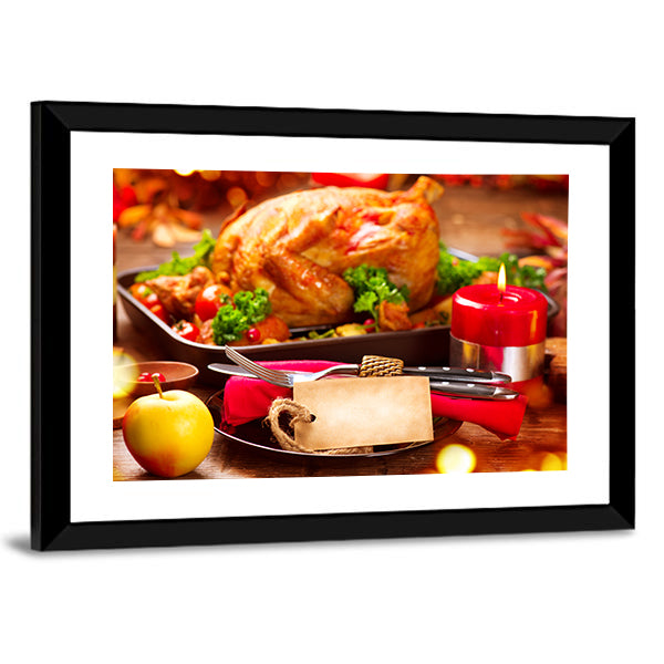 Thanksgiving Dinner Table Canvas Wall Art in brown, red and orange, framed print, product view on a white background