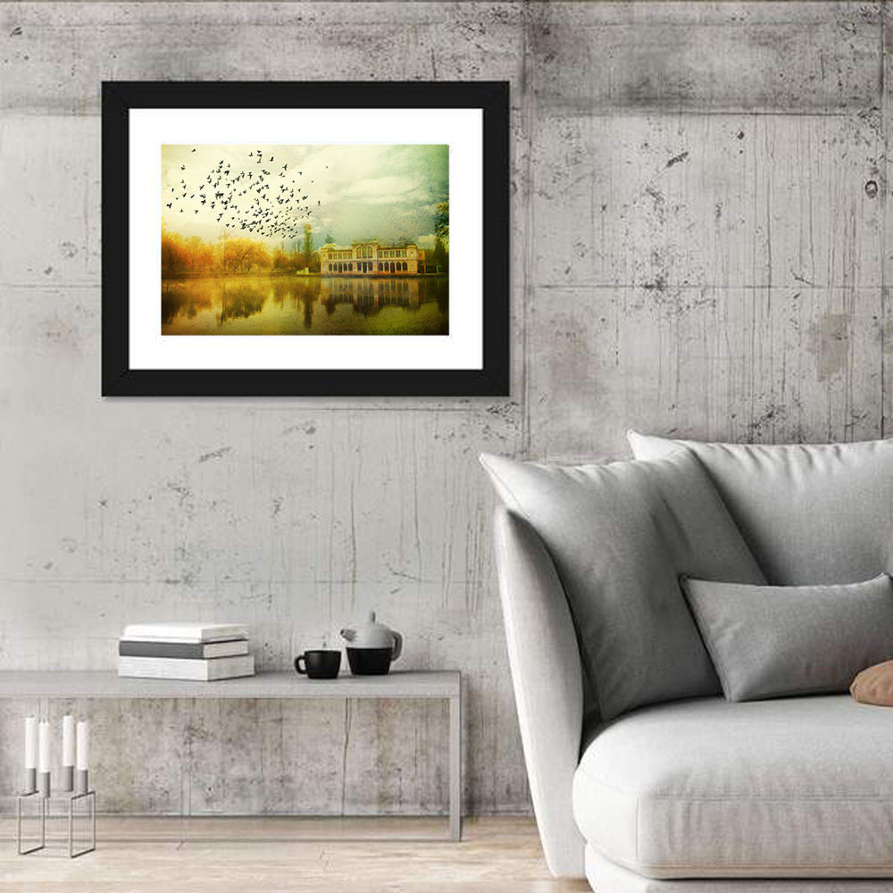 Flock Over Vintage Lakeside Mansion Canvas Wall Art