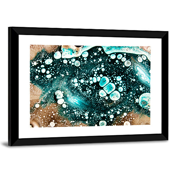 Bizarre Shapes Pattern Canvas Wall Art in white, brown and blue, framed print, product view on a white background