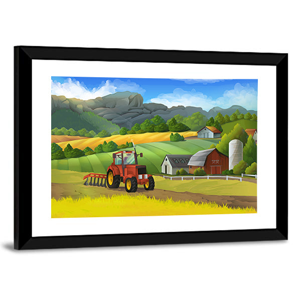 Red Tractor on Sunny Farm Landscape Canvas Wall Art