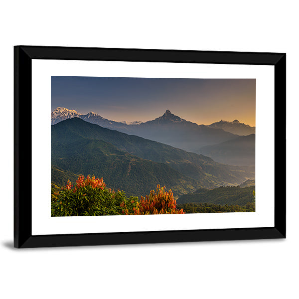 Sunrise Over Himalaya Mountains Near Pokhara Nepal Canvas Wall Art in orange, green and blue, framed print, product view on a white background