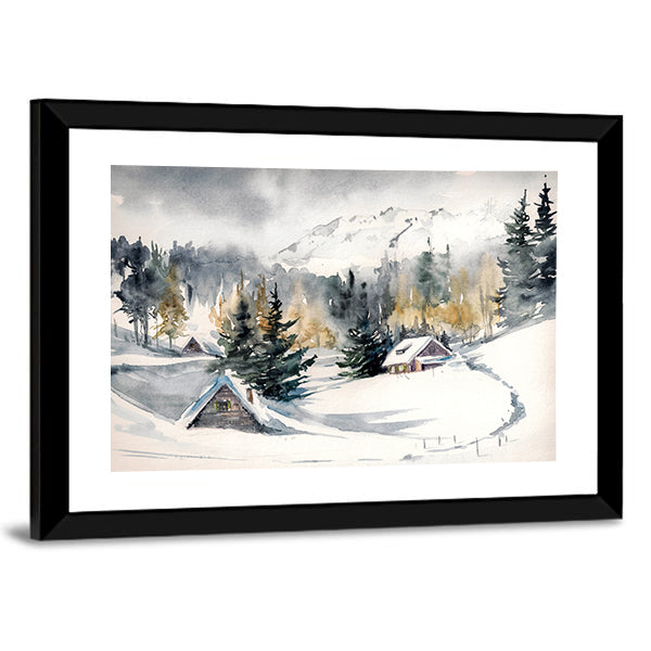 Snowy Mountain Village Canvas Wall Art
