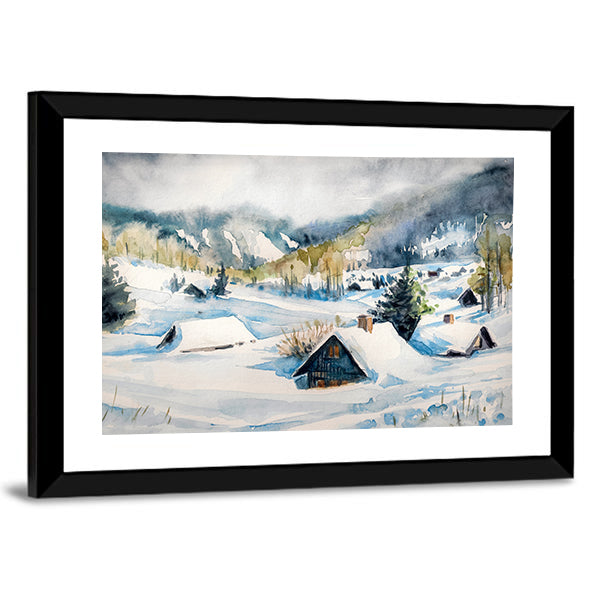 Snowy Mountain Village Canvas Wall Art