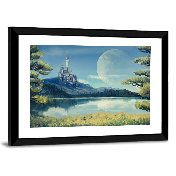 Gothic Castle by Moonlit Lake Canvas Wall Art