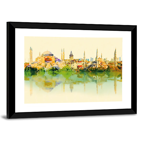 Istanbul Watercolor Skyline with Hagia Sophia Reflection Canvas Wall Art