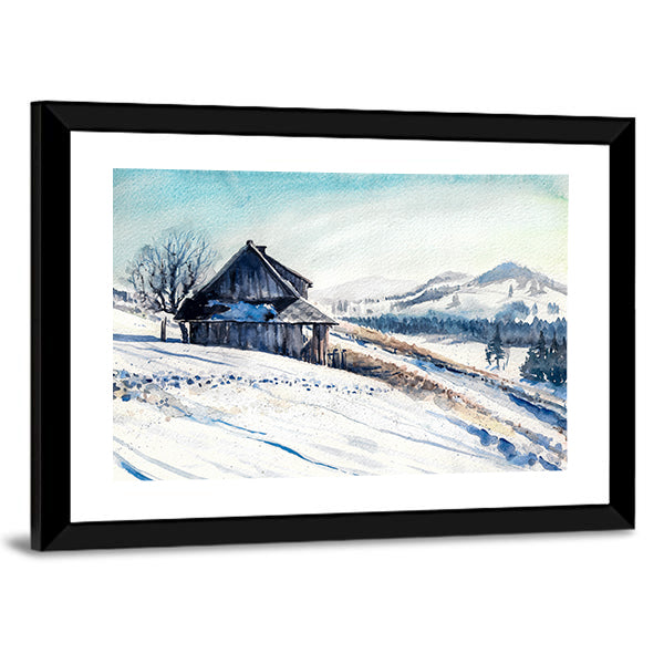 Small House In Winter Mountains Canvas Wall Art