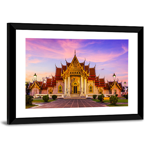 The Marble Temple In Thailand Canvas Wall Art in gold, orange and purple, framed print, product view on a white background