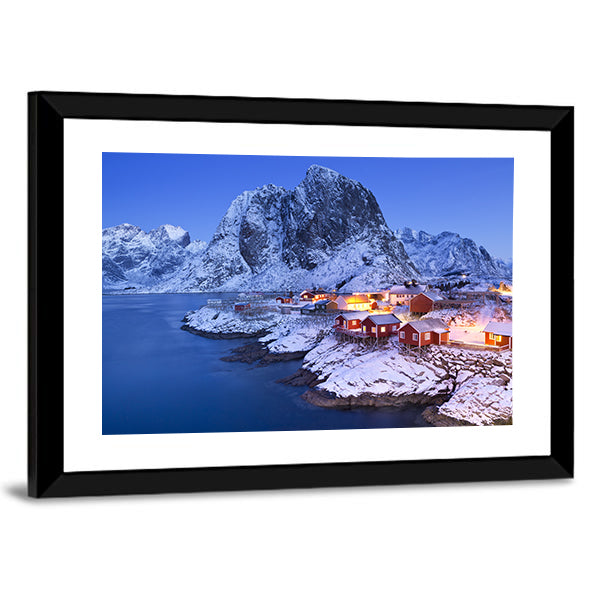 Lofoten Fisherman's Cabins Canvas Wall Art in white, orange and blue, framed print, product view on a white background