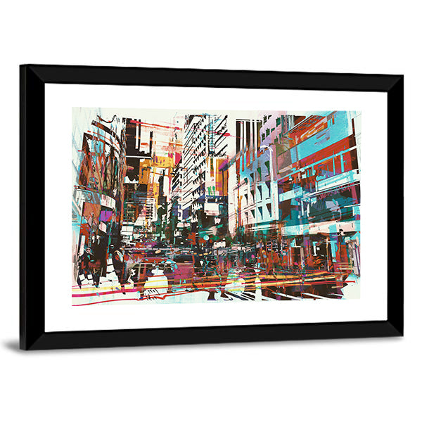 Energetic Abstract Cityscape in Cyan and Red Canvas Wall Art