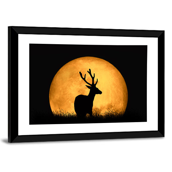Deer Silhouette With Large Moon Canvas Wall Art in black, orange and yellow, framed print, product view on a white background