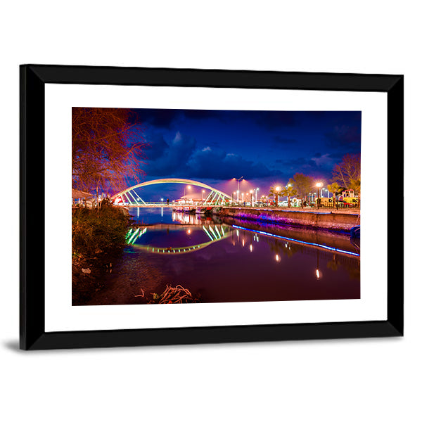 Lovers Bridge Of The Yalova City Turkey Canvas Wall Art in brown, blue and navy, framed print, product view on a white background