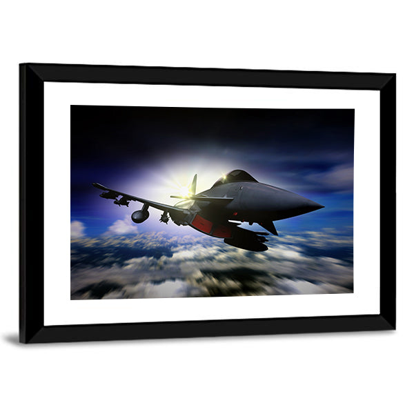 Military Jet Flying During Sunrise Canvas Wall Art