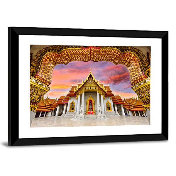 Marble Temple Of Bangkok In Thailand Canvas Wall Art in gold, orange and pink, framed print, product view on a white background