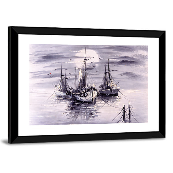 Boats With Sunset Painting Canvas Wall Art