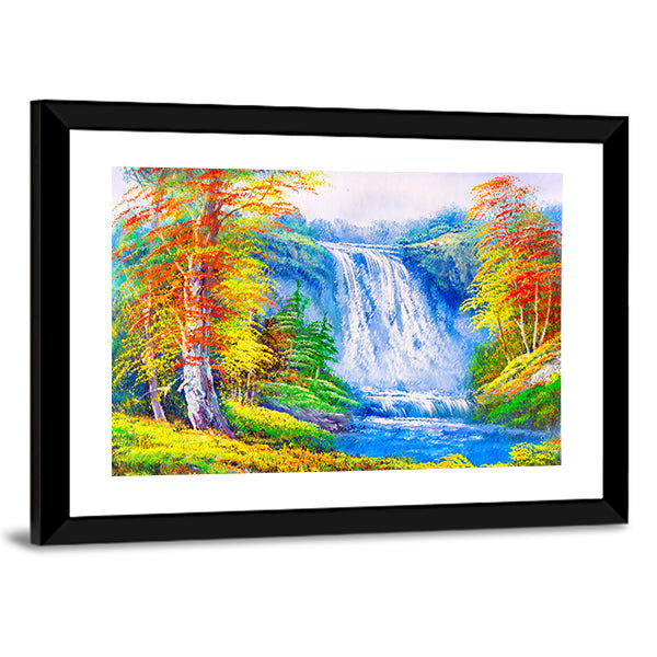 Autumn Waterfall with Colorful Foliage Canvas Wall Art