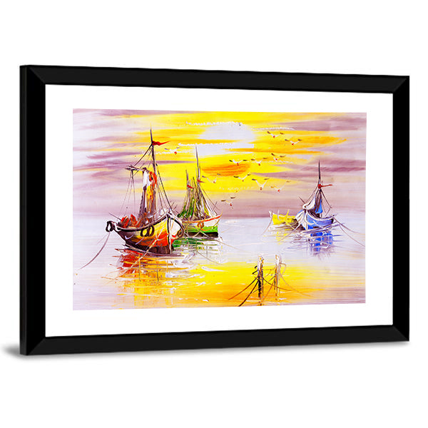 Boats With Sunset Canvas Wall Art
