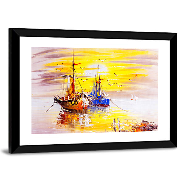 Boats With Sunset Canvas Wall Art