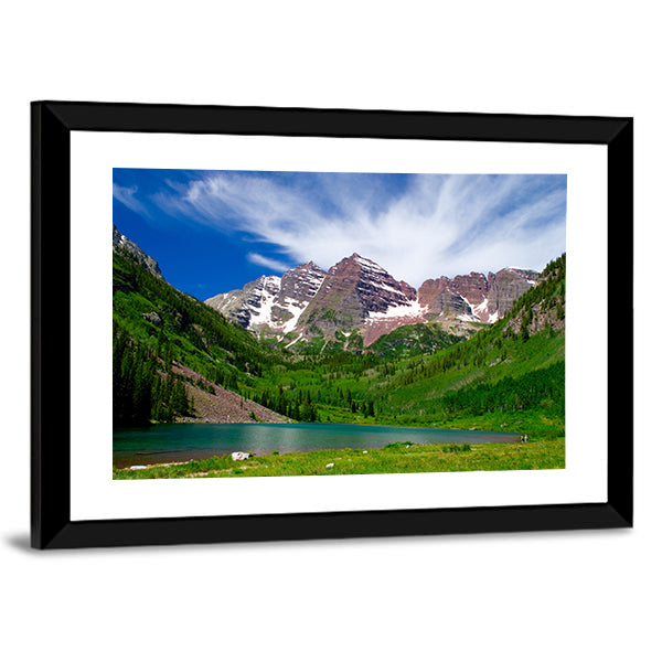 Maroon Bells Alpine Lake and Mountain Peaks Canvas Wall Art in brown, green and blue, framed print, product view on a white background