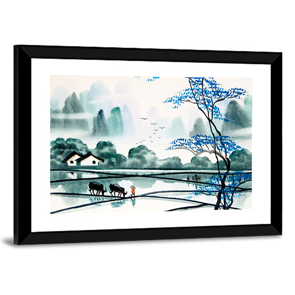 Misty Chinese Watercolor Landscape Canvas Wall Art