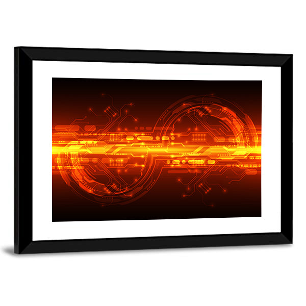 Orange Glowing Circuit Board Interface Canvas Wall Art
