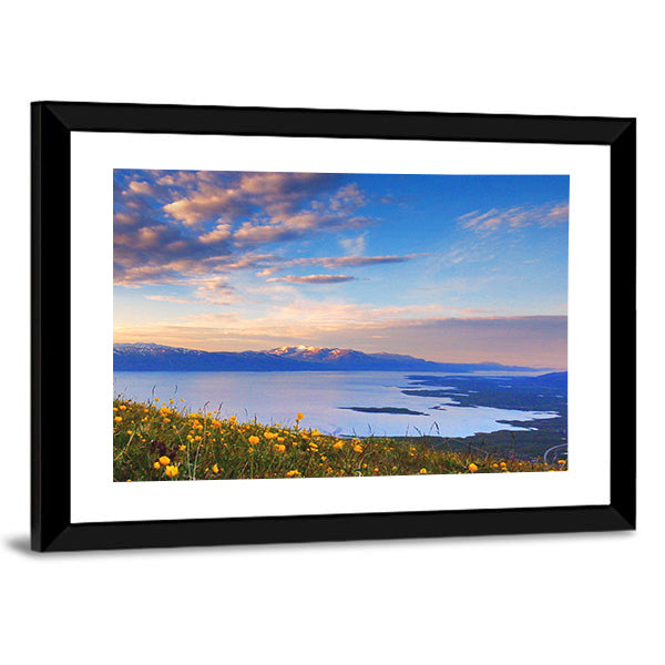 Mountain Lake In Abisko National Park In Sweden Canvas Wall Art in orange, yellow and blue, framed print, product view on a white background